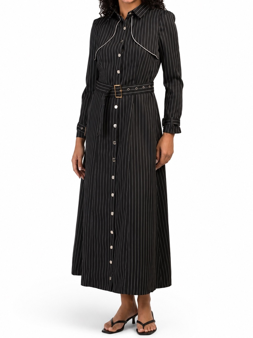 NWT Dalia Macphee Belted Long-Sleeve Maxi Dress in Black Pinstripe